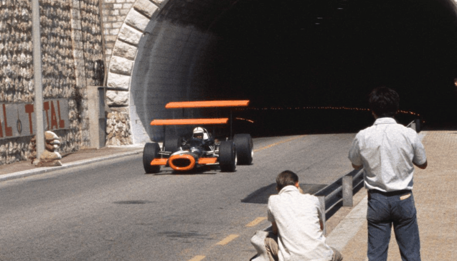 1969 Monaco GP, John Surtees coming out of the tunnel in his BRM P138 (1080×1350)