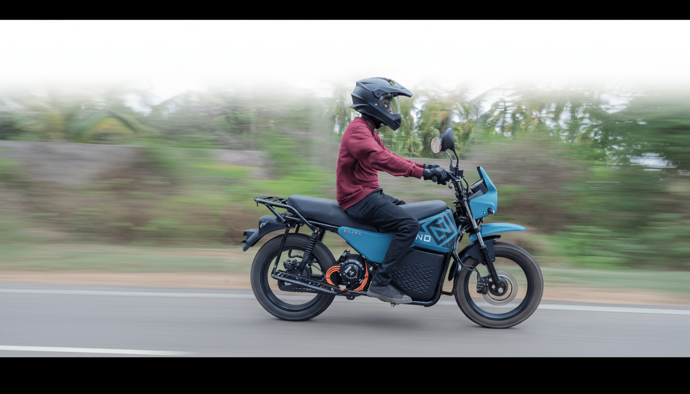 A person in a helmet and maroon shirt riding a teal electric motorcycle on a road with a blurred green background.