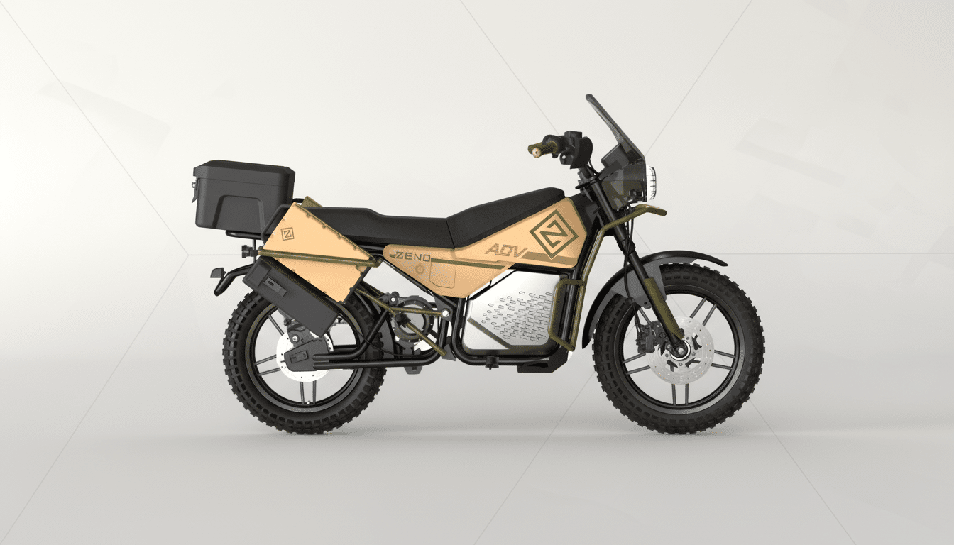 A professional, enhanced image of a Zeno ADV electric motorcycle with a black seat, tan body panels, and a black storage box on the rear, set against a clean, light gray background with subtle geometric patterns.