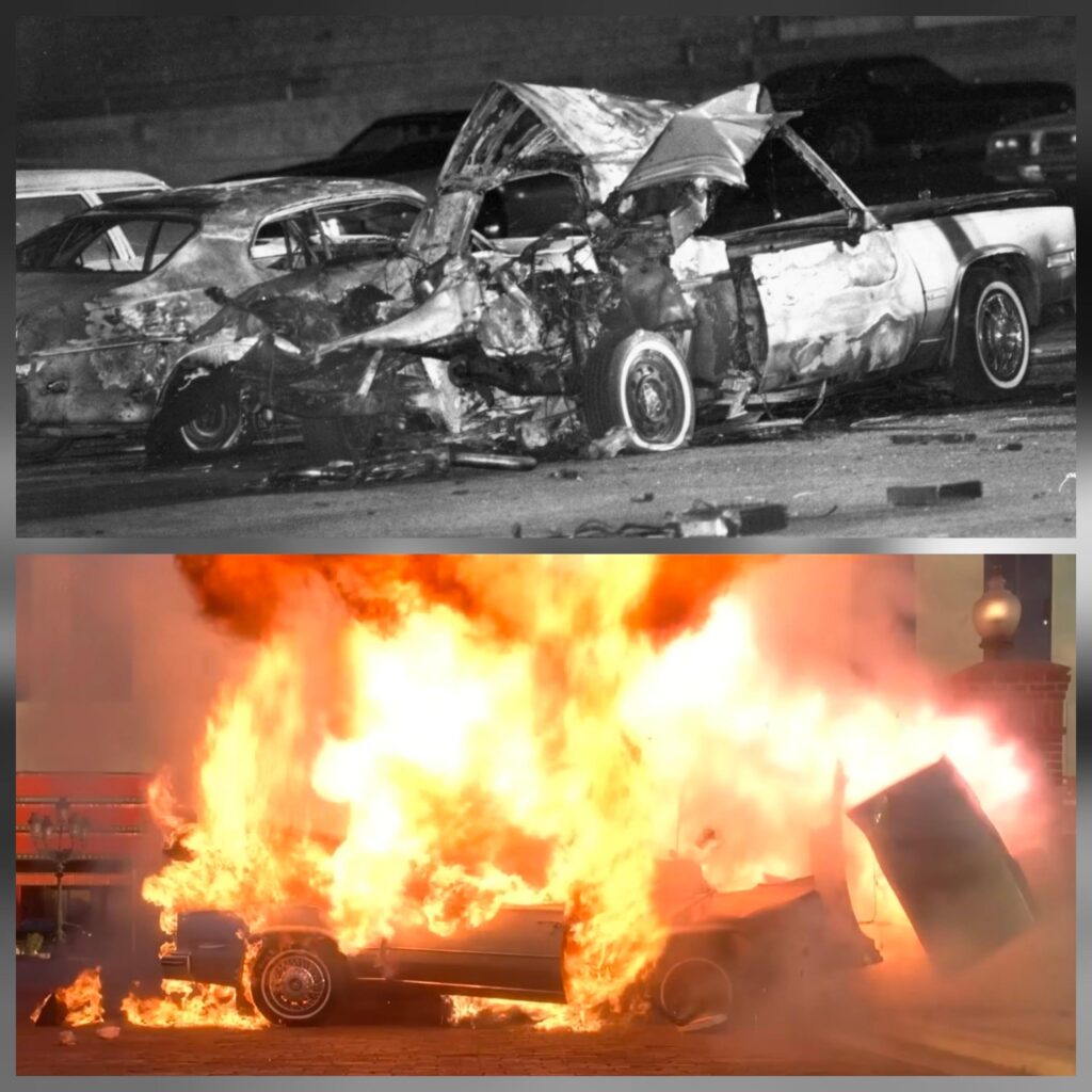 Top: Frank Rosenthal's 1981 Cadillac Eldorado after a hidden bomb detonated in an assassination attempt. Bottom: The scene recreated in the 1995 film "Casino"