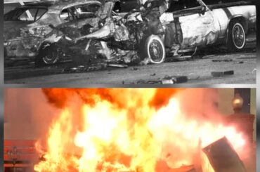 Top: Frank Rosenthal's 1981 Cadillac Eldorado after a hidden bomb detonated in an assassination attempt. Bottom: The scene recreated in the 1995 film "Casino"