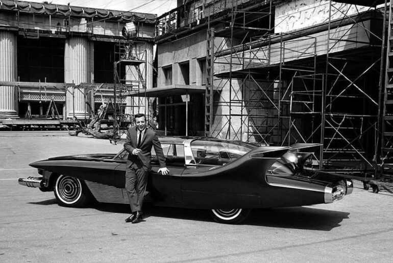 Bobby Darin stands beside his $150,000 hand-made automobile called the Bobby Darin Dream Car