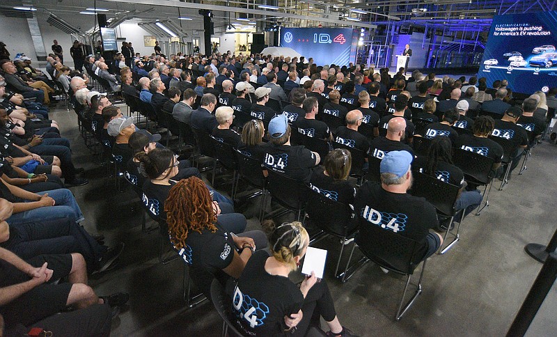 Staff file photo by Matt Hamilton / In 2022, employees look on during the launch celebration for the Volkswagen ID.4 electric SUV at the Chattanooga Volkswagen Assembly Plant.