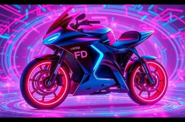 A glowing, high-tech 3D illustration of an LAFD electric motorcycle with neon lights, surrounded by a swirling field of digital data, conceptually representing the bike