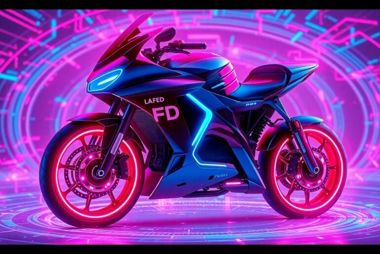 A glowing, high-tech 3D illustration of an LAFD electric motorcycle with neon lights, surrounded by a swirling field of digital data, conceptually representing the bike