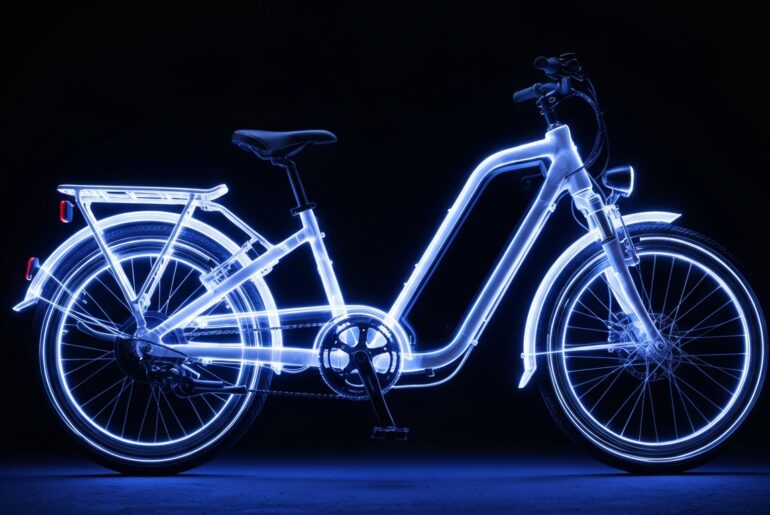A minimalist design in the style of Keith Haring where an electric bicycle is defined entirely by vibrant neon lines against a dark background, conceptually illustrating the growing popularity and potential dangers of this new transportation technology.