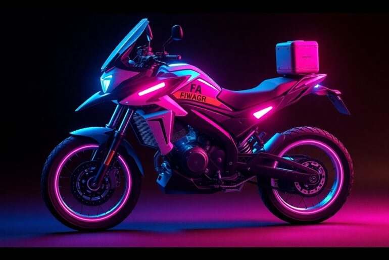 A highly detailed, glowing 3D illustration of a specialized electric motorcycle used by the Los Angeles Fire Department. The bike is illuminated by neon cyan and magenta lights, with recognizable high-tech elements like advanced sensors, powerful motors, and rugged off-road tires.