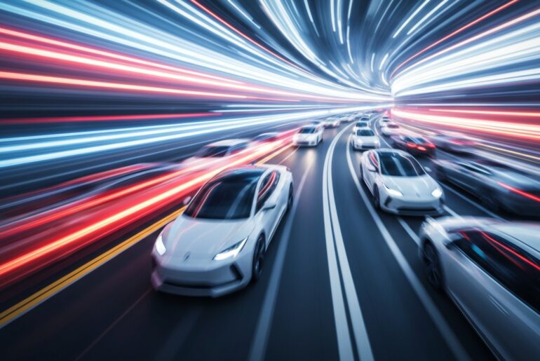 An abstract, colorful scene of blurred electric vehicles in motion, conveying a sense of speed, innovation, and the future of transportation.