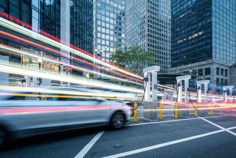A dynamic, abstract color photograph with sweeping, blurred brushstrokes of vibrant hues representing the motion and energy of electric vehicles charging at a public station in New York City.