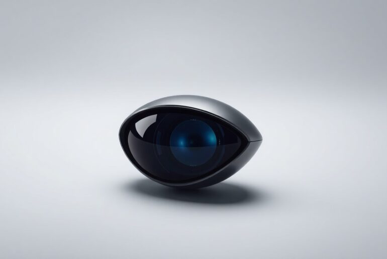 A close-up of a shiny, metallic car sensor lens floating on a plain, monochromatic background, conveying the abstract, technological nature of Tesla