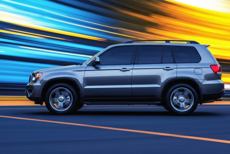 An abstract, blurred image of a large SUV in motion, with vibrant streaks of color conveying a sense of speed and power, conceptually representing the advanced capabilities of the Chinese-made Geely Galaxy M9 PHEV.