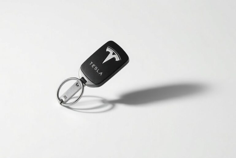 A highly detailed, photorealistic studio photograph of a single metallic Tesla car key floating on a plain, monochromatic background, using dramatic lighting and shadows to symbolize the financial performance and corporate strategy of the electric vehicle manufacturer.