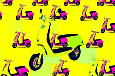A bold, colorful silkscreen-style illustration featuring a single electric scooter icon repeated in a grid pattern, conceptually representing the new rules governing these devices in Peoria, Arizona.