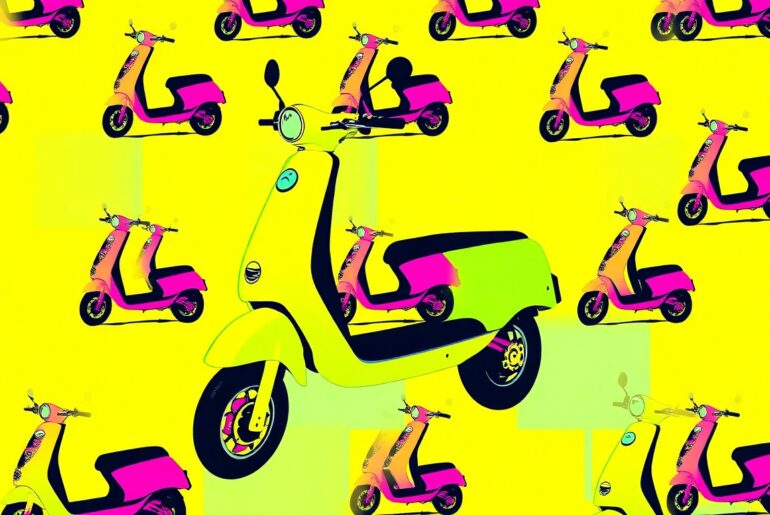A bold, colorful silkscreen-style illustration featuring a single electric scooter icon repeated in a grid pattern, conceptually representing the new rules governing these devices in Peoria, Arizona.