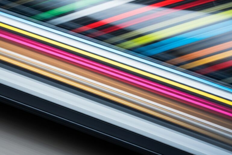 An abstract, colorful image of an electric vehicle in motion, with the car