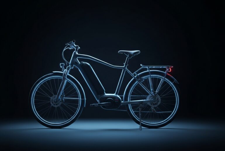 A vibrant neon outline of an electric bicycle against a dark background, conceptually representing the growing safety concerns around e-bike usage in urban areas.