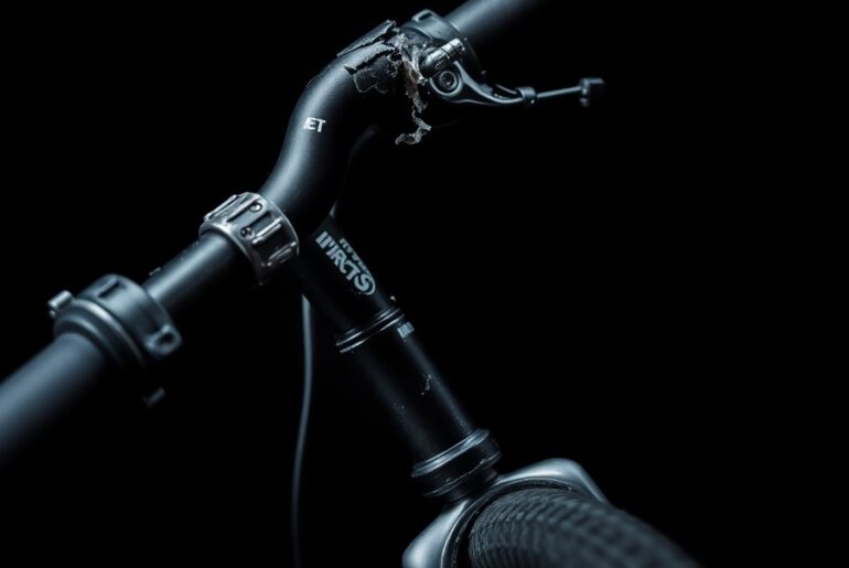An extreme close-up photograph of a damaged e-bike component, such as a twisted handlebar or cracked frame, lit by a harsh, direct camera flash against a pitch-black background, conveying a stark, gritty, investigative aesthetic.