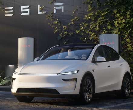 2026 Tesla Model Y White Front Angle at Supercharger