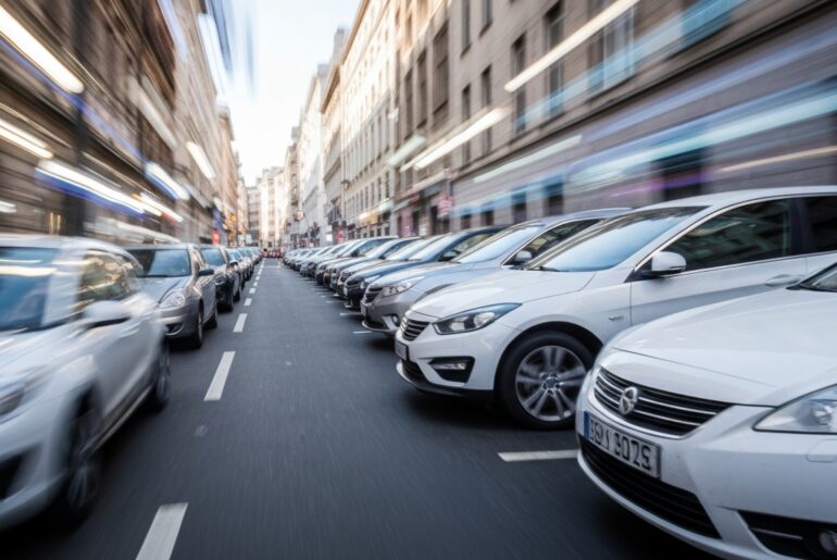 An abstract, impressionistic image of a row of parked electric vehicles on a city street, rendered as sweeping, colorful brushstrokes conveying a sense of motion and energy.