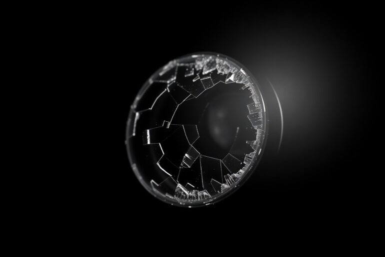 An extreme close-up of a shattered e-bike sensor lens against a pitch-black background, capturing the stark, gritty aftermath of a collision that left a newborn baby fighting for life.
