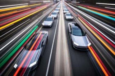 A blurred, abstract image of a fleet of Tesla Cybercabs in motion, conveying a sense of speed, modern engineering, and the future of transportation.