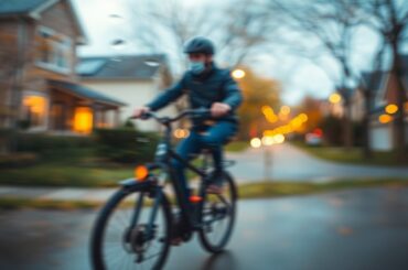 An abstract, impressionistic photograph of a blurred e-bike rider in a suburban neighborhood, with soft, warm pools of color and light, conceptually representing the safety concerns around this new mode of transportation.