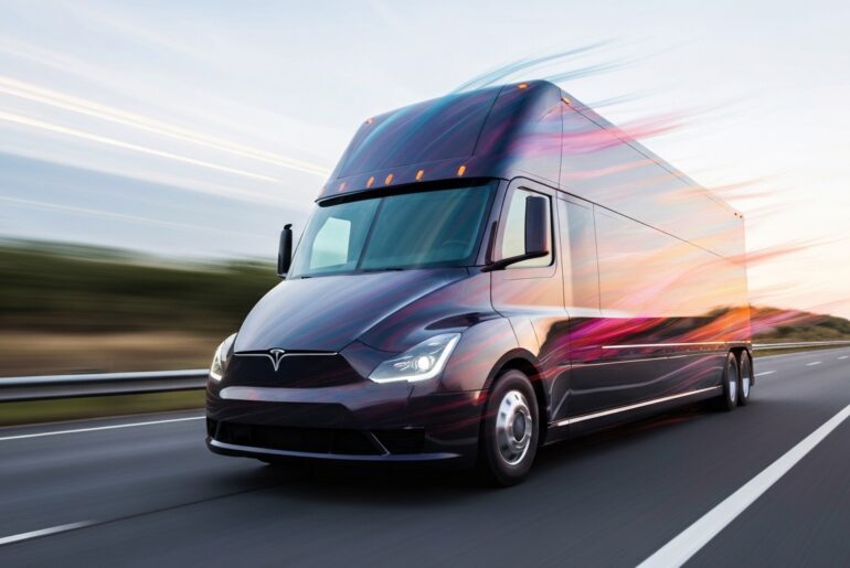An abstract, blurred image of a Tesla Semi truck speeding down a highway, conveying a sense of motion, power, and the future of sustainable transportation.