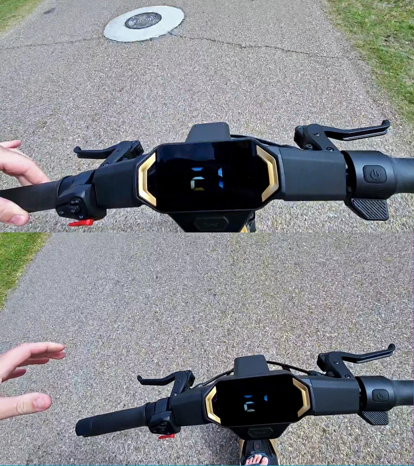 Stable as a gable! Cruise control at 21 mph (34 km/h), phone filming in one hand, nothing in the other ... and I still can't get over how beautiful those radial-mount master cylinders are. And no, there's nothing wrong with the dash. The frame rate in the camera and refresh speed of the dash simply did not sync.