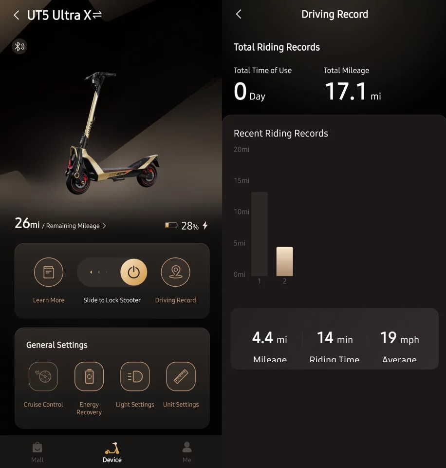 And this is what the app looks like. There's quite a few settings in there to play around with too. Zero-start, kick-start, lighting settings, charge limits, TCS, hill assist, etc