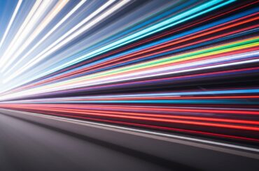 An abstract, colorful illustration depicting a Tesla Cybercab robotaxi in motion, with sweeping, blurred lines and streaks of color representing the vehicle