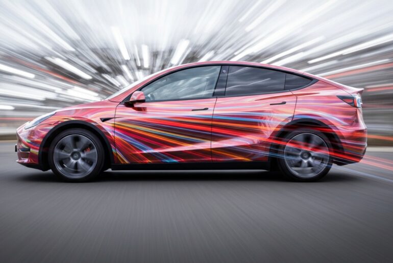 An abstract, motion-blurred image of a Tesla Model Y vehicle, with vibrant streaks of color representing the car's speed and advanced technology.