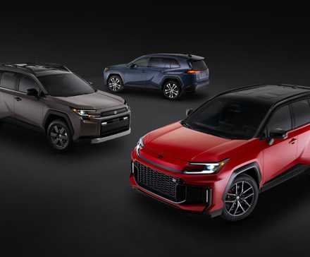 Shot of the 2026 Toyota RAV4 family in a studio with a black and gray backdrop.
