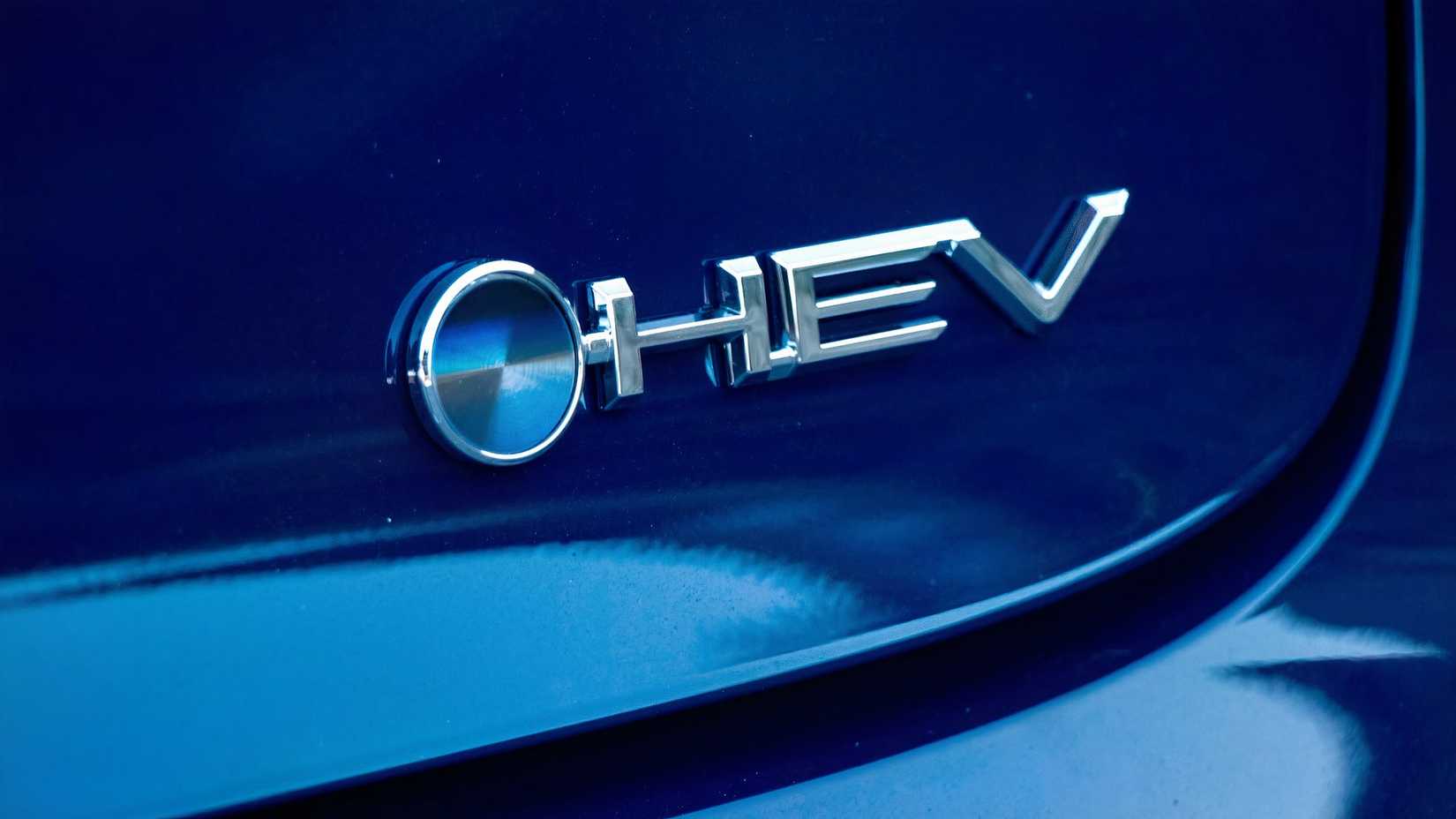 Rear close-up of a 2023 Toyota Prius HEV's emblem