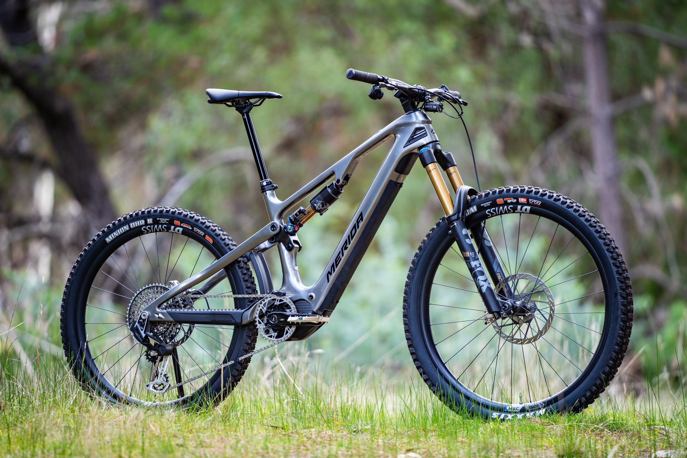 Merida eOne-Sixty Shimano EP801 full-power e-MTB descending rough trail during Flow Mountain Bike review