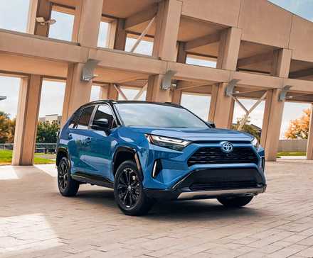 A blue 2024 Toyota RAV4 Hybrid small hybrid SUV is parked.