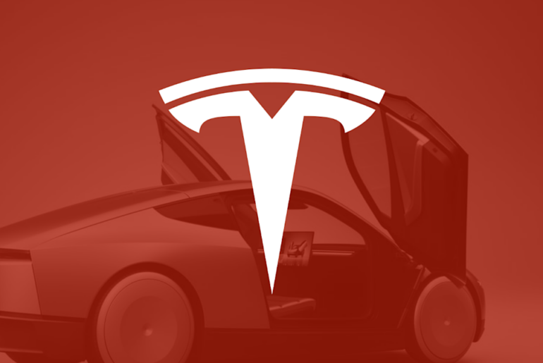 The Tesla logo with a Cybercab in the background.
