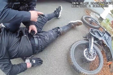 Kent Police arrest a man on an electric bike for several charges on April 13 along SE 248th Street near the Kent YMCA. COURTESY PHOTO, Kent Police