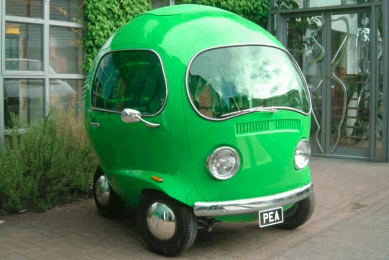 The Green Pea Car was commissioned for a TV commercial for Birds Eye Peas and was assembled using the frame of a go-kart, headlights from a VW Beetle, and a Honda engine. It weighed 1,653 lbs and could reach a speed of 60 mph.