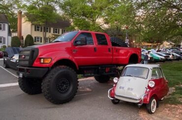 Bit of a size mismatch between this [Ford F-650] and [BMW Isetta] at cars and coffee