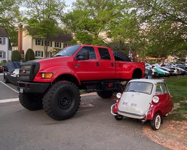 Bit of a size mismatch between this [Ford F-650] and [BMW Isetta] at cars and coffee