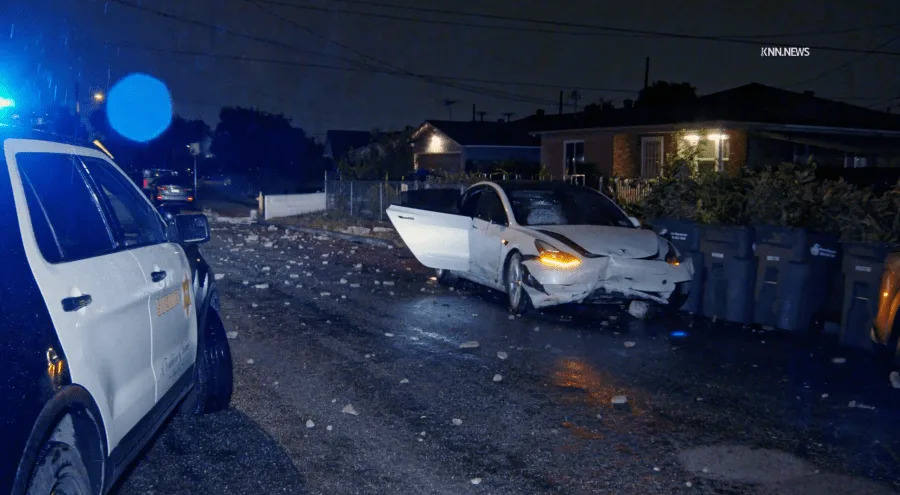 Video obtained by KTLA shows a vehicle driving straight into a concrete barrier in Hawaiian Gardens late Tuesday, March 31, 2026. (KNN)