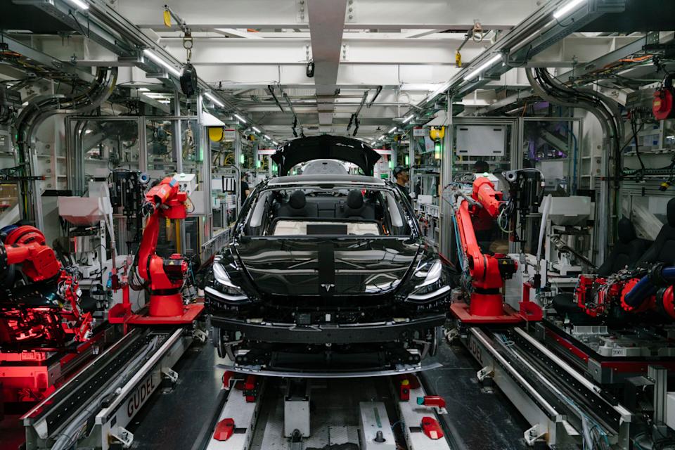 FREMONT, CA - JULY 26: A Tesla Model 3 is seen in the general assembly line at the Tesla factory in Fremont, California, on Thursday, July 26, 2018. (Photo by Mason Trinca for The Washington Post via Getty Images)
