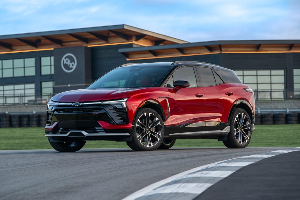 front 3/4 view of a blazer ev ss in radiant red on a track.