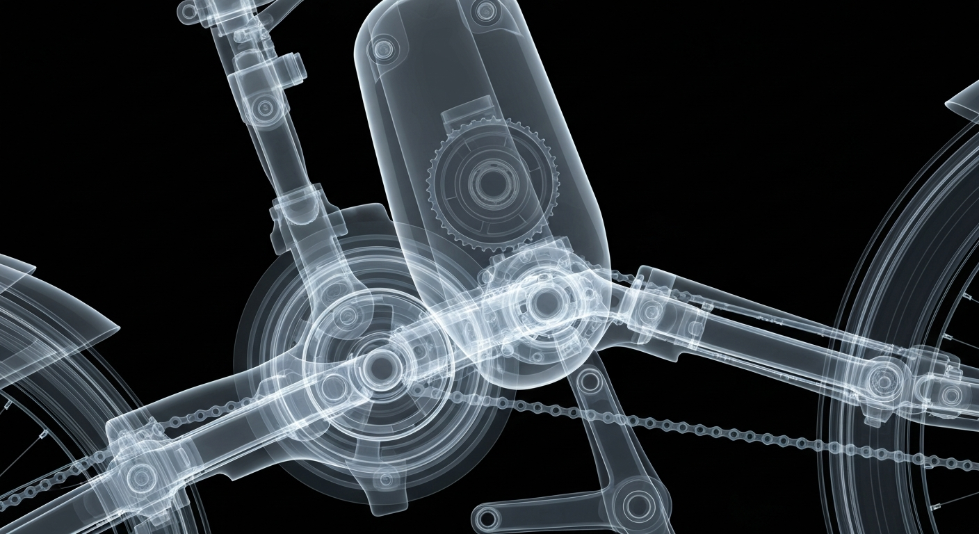 An extreme close-up X-ray image revealing the intricate internal components of an electric bicycle, including the motor, gears, and frame, conceptually illustrating the technological complexity and power behind these vehicles.