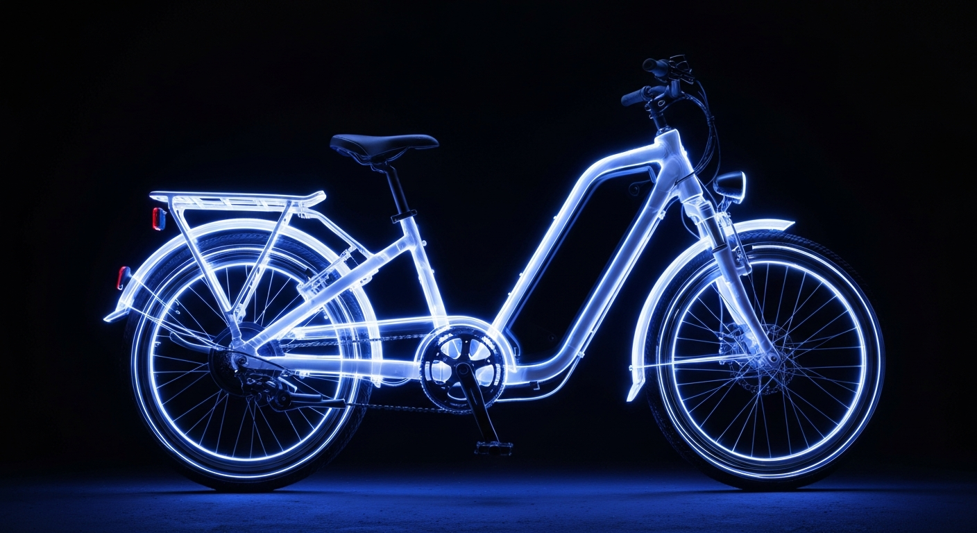 A minimalist design in the style of Keith Haring where an electric bicycle is defined entirely by vibrant neon lines against a dark background, conceptually illustrating the growing popularity and potential dangers of this new transportation technology.