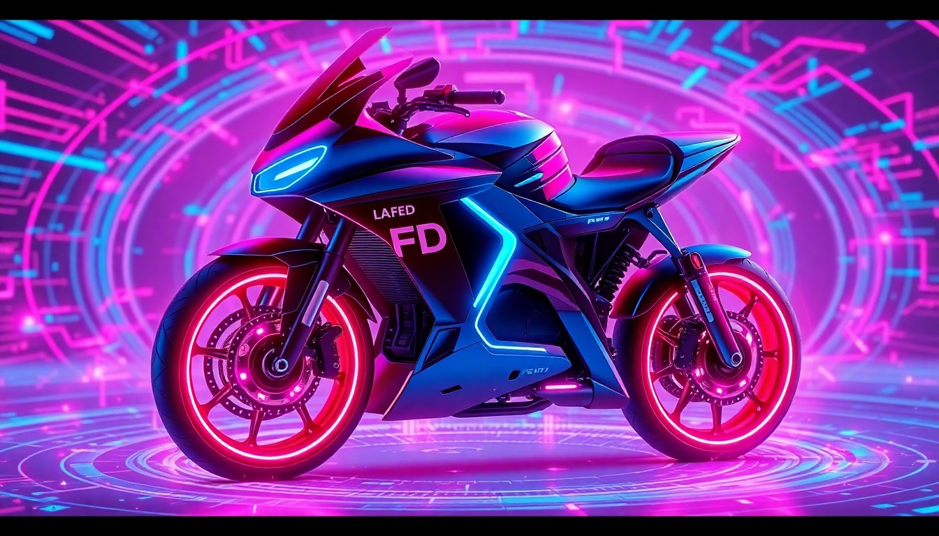 A glowing, high-tech 3D illustration of an LAFD electric motorcycle with neon lights, surrounded by a swirling field of digital data, conceptually representing the bike's advanced capabilities and integration with the department's emergency systems.