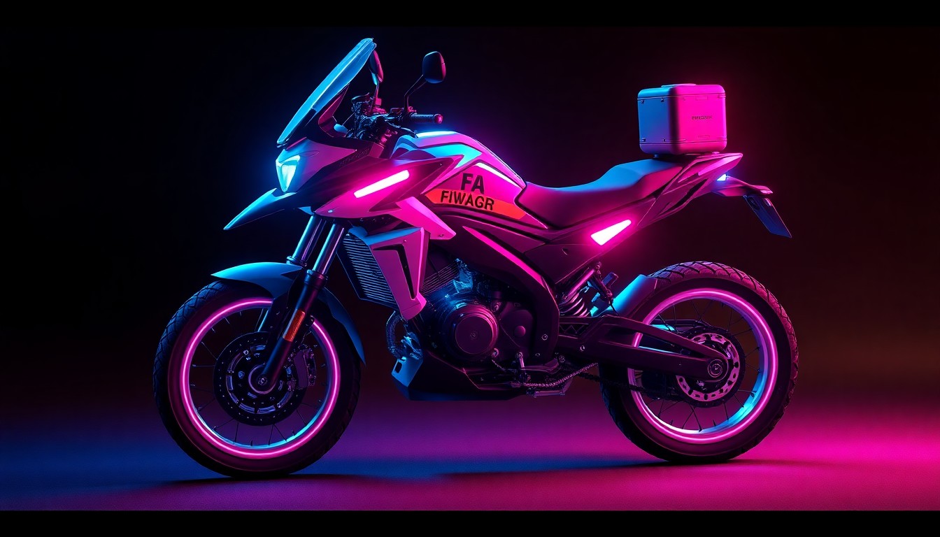 A highly detailed, glowing 3D illustration of a specialized electric motorcycle used by the Los Angeles Fire Department. The bike is illuminated by neon cyan and magenta lights, with recognizable high-tech elements like advanced sensors, powerful motors, and rugged off-road tires.