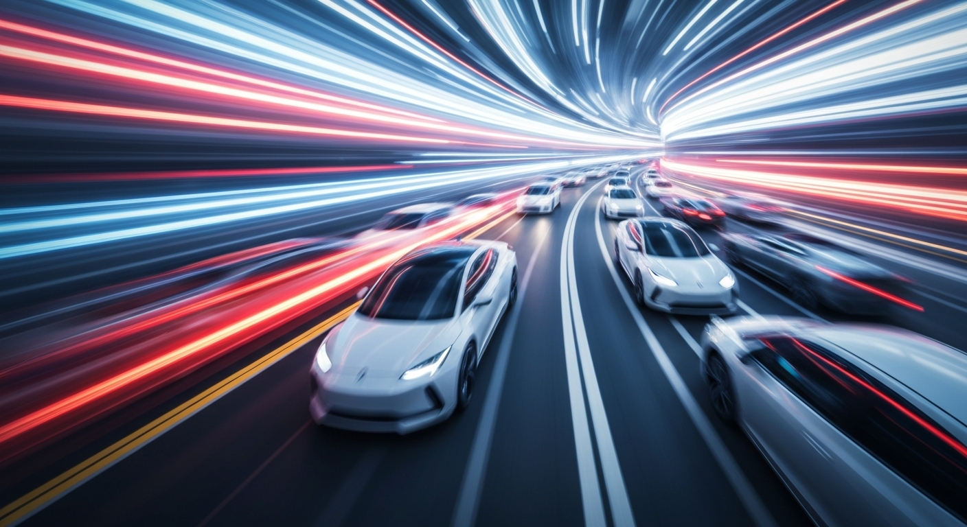An abstract, colorful scene of blurred electric vehicles in motion, conveying a sense of speed, innovation, and the future of transportation.