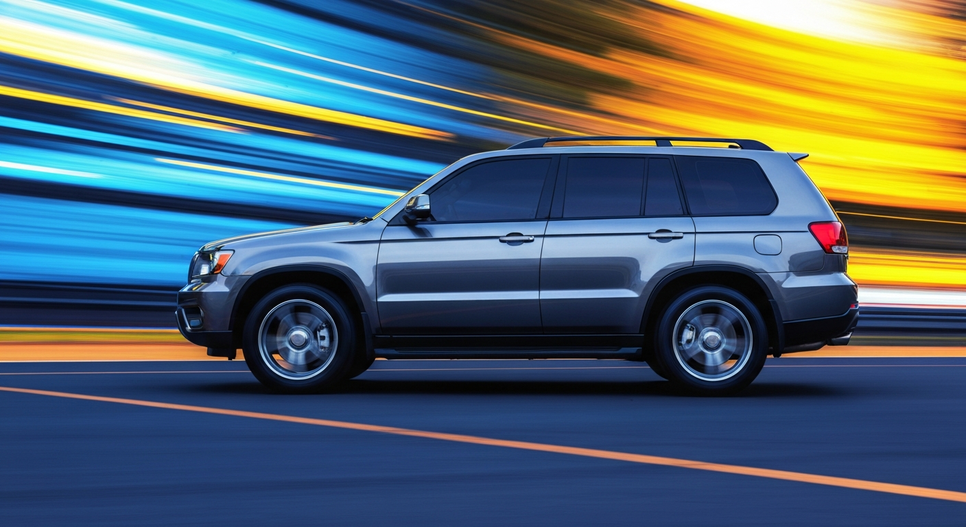 An abstract, blurred image of a large SUV in motion, with vibrant streaks of color conveying a sense of speed and power, conceptually representing the advanced capabilities of the Chinese-made Geely Galaxy M9 PHEV.