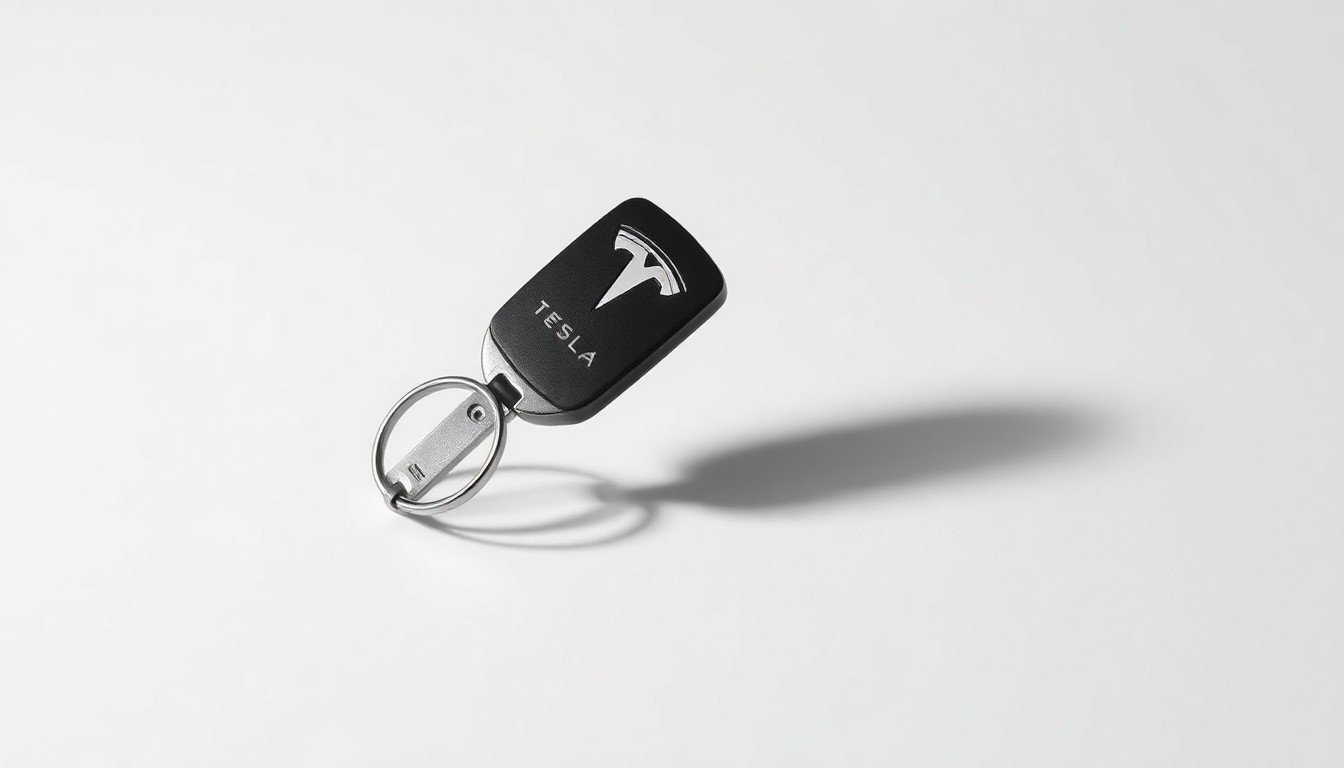 A highly detailed, photorealistic studio photograph of a single metallic Tesla car key floating on a plain, monochromatic background, using dramatic lighting and shadows to symbolize the financial performance and corporate strategy of the electric vehicle manufacturer.